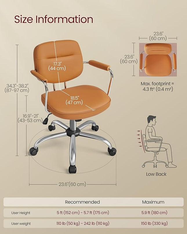 VASAGLE Office Chair, Desk Chair, Vanity Chair with Back, Individual Armrest Structure, Synthetic Leather, Adjustable Height, for Home Office, Caramel Brown UOBG033K02 - LeafyLoom
