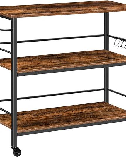 Kitchen Island with Storage,Industrial Kitchen Counter with Hooks and Side Enclosures, 3 Tier Kitchen Cart with Large Workstation, Saving Space, Easy Assembly, Rustic Brown and Black BF03ZD01 - LeafyLoom