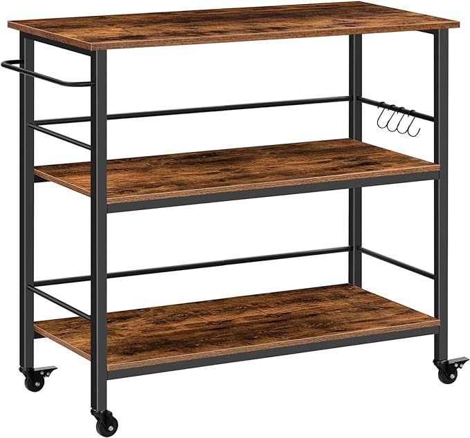 Kitchen Island with Storage,Industrial Kitchen Counter with Hooks and Side Enclosures, 3 Tier Kitchen Cart with Large Workstation, Saving Space, Easy Assembly, Rustic Brown and Black BF03ZD01 - LeafyLoom