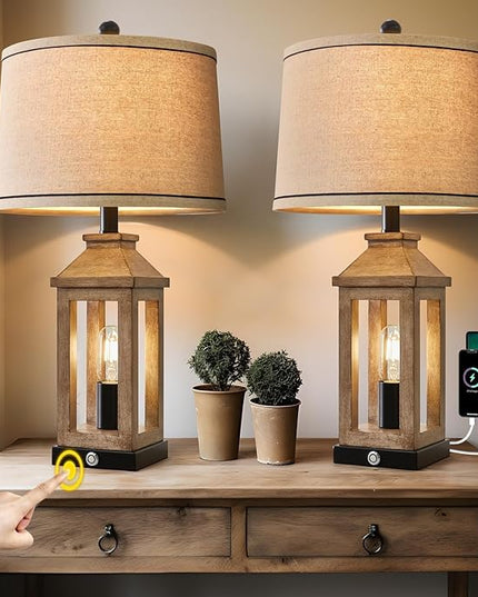 23.75" Farmhouse Dual USB Charging Ports 3-Way Dimmable Touch Control Table Lamp with Nightlight Vintage Modern Lamps for Living Room Bedroom - LeafyLoom