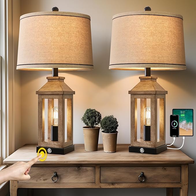 23.75" Farmhouse Dual USB Charging Ports 3-Way Dimmable Touch Control Table Lamp with Nightlight Vintage Modern Lamps for Living Room Bedroom - LeafyLoom