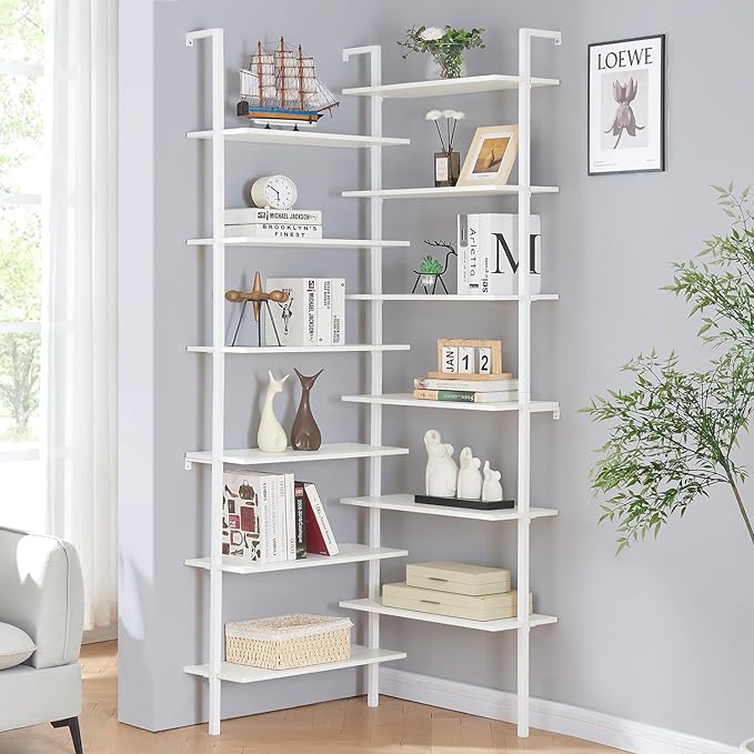 HOMISSUE Corner Bookshelf,12-Tier L Shaped Bookshelf, Double Wide Corner Wall Mount Bookcase with Metal Frame and Wood,Modern Industrial Corner Shelf for Living Room, Kitchen, Home Office White - LeafyLoom