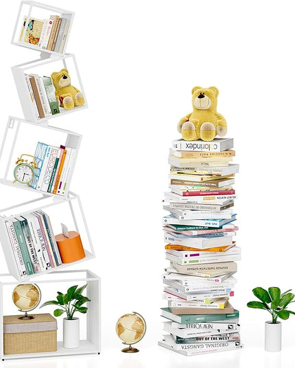 Bookshelf, Unique 5-Tier 67” Tall Bookshelves, Modern Geometric Bookcases Cool Metal Book Shelf, Corner Bookshelf for Bedroom, Living Room, Home Office (White) - LeafyLoom