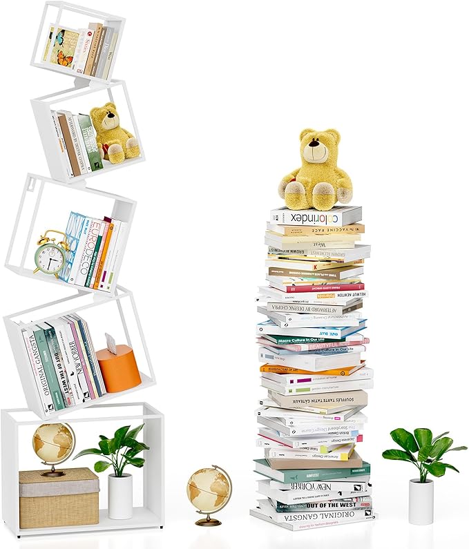 Bookshelf, Unique 5-Tier 67” Tall Bookshelves, Modern Geometric Bookcases Cool Metal Book Shelf, Corner Bookshelf for Bedroom, Living Room, Home Office (White) - LeafyLoom