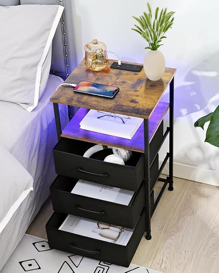 Nightstands Set of 2, Large End Tables Living Room, Bed Side Tables with Charging Station, 24.7" Tall Night Stand with 3 Fabric Drawers and LED Light Strip for Bedroom HNS013BR - LeafyLoom