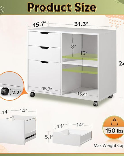 DEVAISE 3-Drawer Wood File Cabinet, Mobile Lateral Filing Cabinet, Printer Stand with Open Storage Shelves for Home Office, White - LeafyLoom