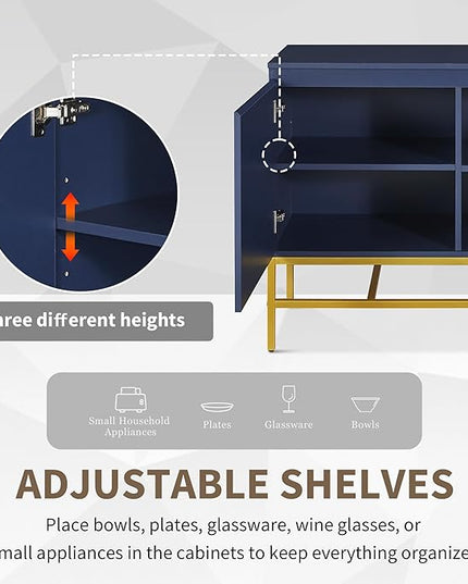39.4" Minimalist & Luxury Two Door Sideboard with Gold Metal Legs,Freestandin Storage Buffet Cabinet,w/Adjustable Shelves,for Living, Dining Room,Entrance Passage,Navy - LeafyLoom
