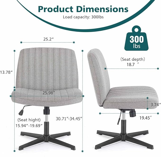 OLIXIS Cross Legged Armless Wide Adjustable Swivel Padded Home Office Desk Chair, Grey - LeafyLoom