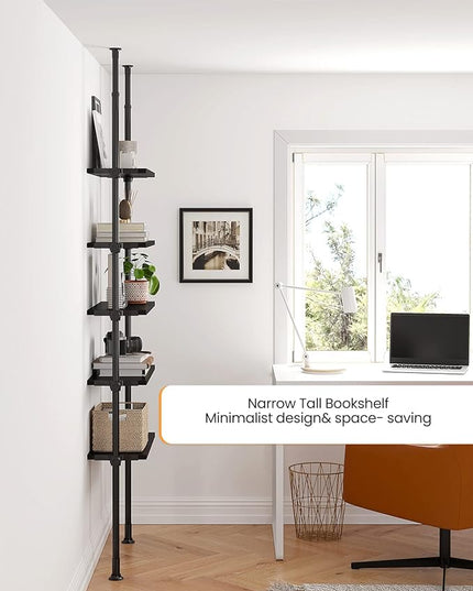 ALLZONE 5 Tiers Narrow Bookshelf, Tall Adjustable Ladder Book Shelf with Open Storage, Floor to Ceiling Tension Mount, Wooden Industrial Bookcase for Living Room, 92 to 116 Inch, Black - LeafyLoom