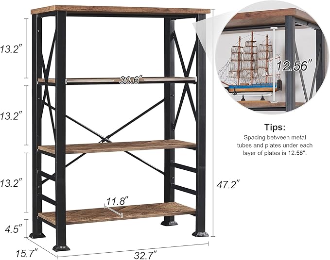 HOMBAZAAR Bookshelf, 4-Tier Industrial Bookshelf, Etagere Bookcases and Bookshelves, Tall Bookshelf Storage Organizer, Freestanding Bookshelf for Living Room, Bedroom and Home Office, Brown - LeafyLoom