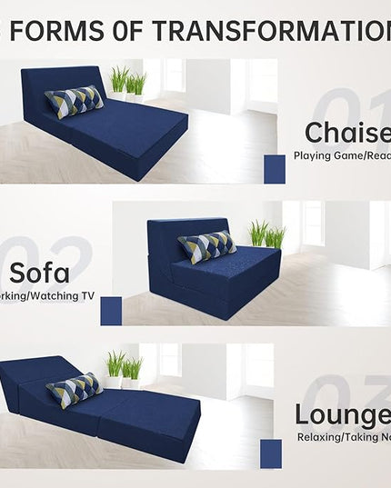 Folding Sleeper Chair Bed with Pillow Memory Foam Futon Sofa Couch Bed Lazy Chair for Living Room/Home Office/Apartment/Upstairs Loft，Washable Cover,Dark Blue - LeafyLoom