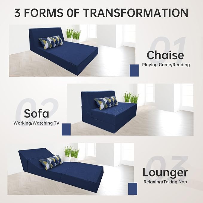 Folding Sleeper Chair Bed with Pillow Memory Foam Futon Sofa Couch Bed Lazy Chair for Living Room/Home Office/Apartment/Upstairs Loft，Washable Cover,Dark Blue - LeafyLoom