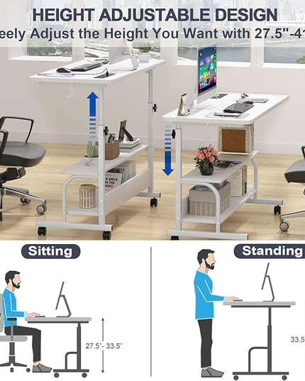 Height Adjustable Standing Desk with Power Outlets, 39" Manual Stand Up Desk with Storage Shelves Small Mobile Rolling Computer Desk Portable Laptop Table with Wheels for Home Office, White - LeafyLoom