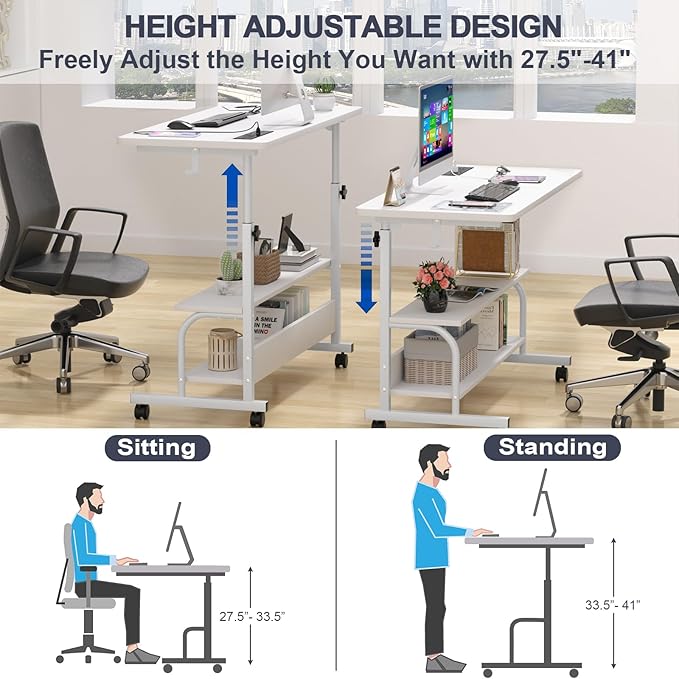 Height Adjustable Standing Desk with Power Outlets, 39" Manual Stand Up Desk with Storage Shelves Small Mobile Rolling Computer Desk Portable Laptop Table with Wheels for Home Office, White - LeafyLoom