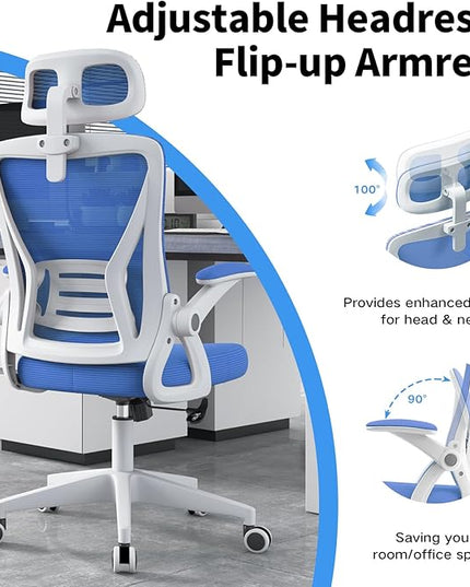 Ergonomic Office Chair, Mid Back Desk Chair with Adjustable Height, Swivel Chair with Flip-Up Arms and Lumbar Support, Breathable Mesh Computer Chair with Headrest (White and Blue) - LeafyLoom