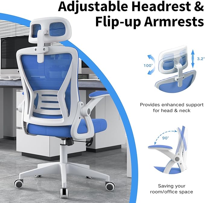 Ergonomic Office Chair, Mid Back Desk Chair with Adjustable Height, Swivel Chair with Flip-Up Arms and Lumbar Support, Breathable Mesh Computer Chair with Headrest (White and Blue) - LeafyLoom