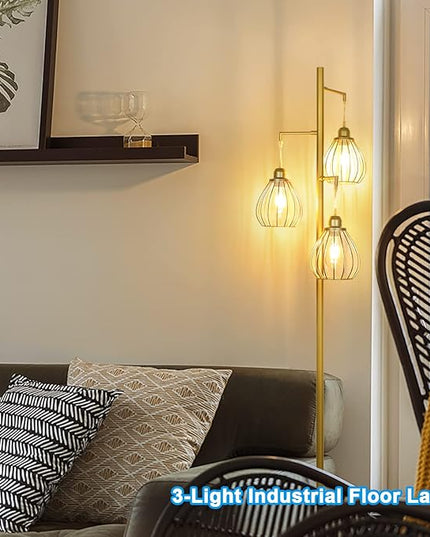 Lakumu Industrial Floor Lamp for Living Room, Golden Farmhouse Floor Lamp with 3 Elegant Teardrop Cage Heads & ST58 Edison LED Bulbs, Sturdy Base Tall Vintage Pole Light, Rustic Floor Lamp for Bedroom - LeafyLoom
