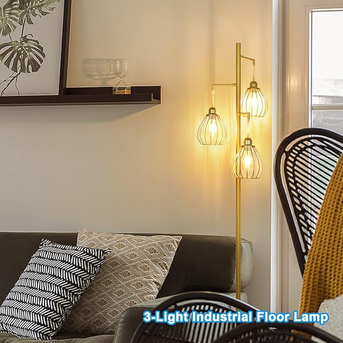 Lakumu Industrial Floor Lamp for Living Room, Golden Farmhouse Floor Lamp with 3 Elegant Teardrop Cage Heads & ST58 Edison LED Bulbs, Sturdy Base Tall Vintage Pole Light, Rustic Floor Lamp for Bedroom - LeafyLoom
