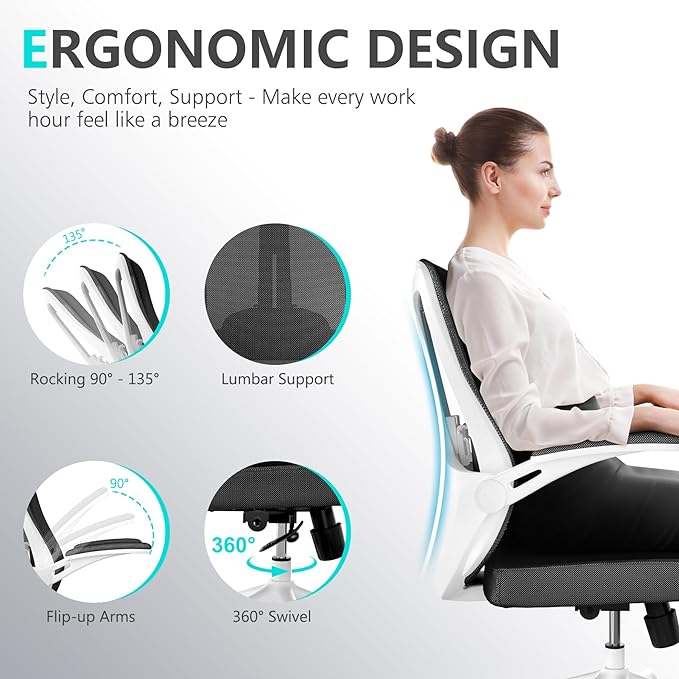 Office Chair with 350LBS Capacity,Ergonomic Comfort Home Desk Chair,Mid Back Gaming Chair with Wheels, Adjustable Height, Lumbar Support,Flip-up Armrest - LeafyLoom
