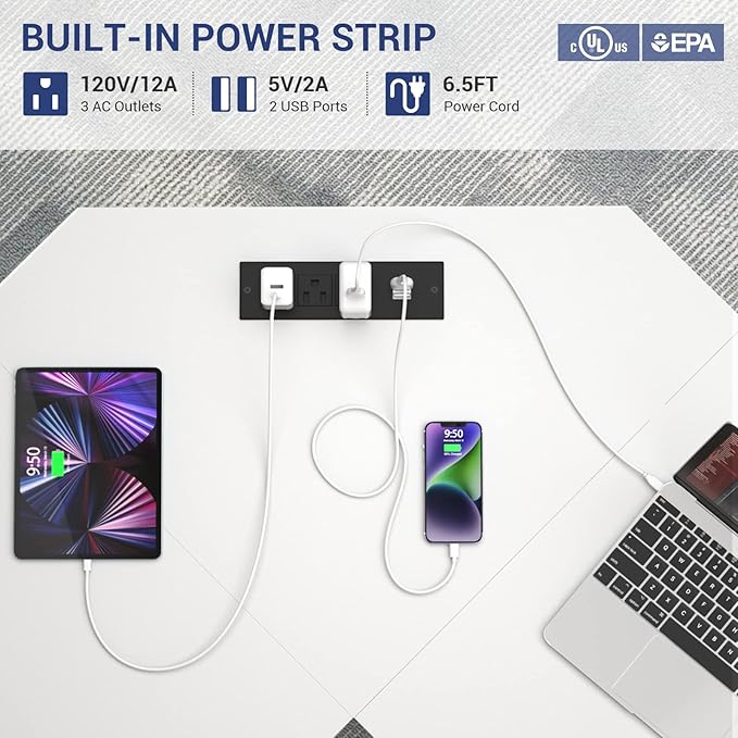 Aheaplus L Shaped Gaming Desk with Power Outlets & LED Lights, Computer Corner Desk with Monitor Stand and Storage Shelf, Home Office Writing Desk with Storage Bag, White - LeafyLoom