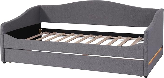 RITSU Twin Size Teddy Fleece Upholstered Daybed with Light and Trundle, Smarter LED Sofa Bed Frame, No Spring Box Needed, Modern Design, Weight Capacity 500 LBS, for Bedroom, Living Room, Gray - LeafyLoom