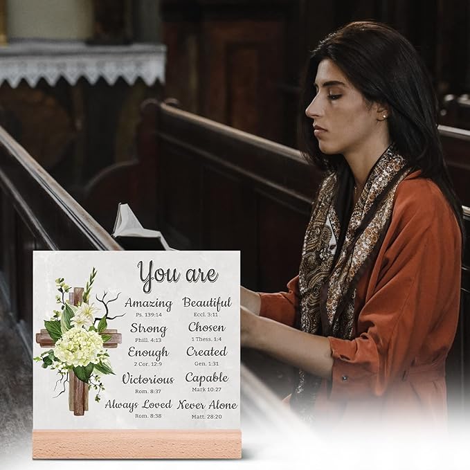 TIKTREE Christian Gifts, Religious Gifts for Women Faith, Catholic Spiritual Gifts with Bible Verse, Christian Home Desk Decor with Wood Stand - LeafyLoom