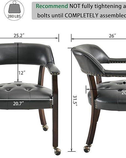 Large Dining Chairs with Casters and Arms, Rolling Dining Chairs with Wheels, Accent Game Poker Chairs, Boss Caption's Chairs, 26" D x 25.2" W x 31.5" H, Espresso Legs & Black PU, SY-318-BK - LeafyLoom