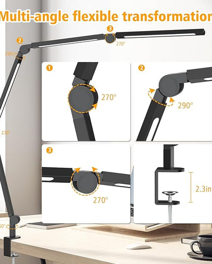 LED Desk Lamp with Clamp,Adjustable Swing Arm Desk Lamps for Home Office,Dimmable Tempering Eye Care Desk Light,Bright Modern Led Table Lamp for Nail Tech Architect,Flexible Tall Task Table Light - LeafyLoom