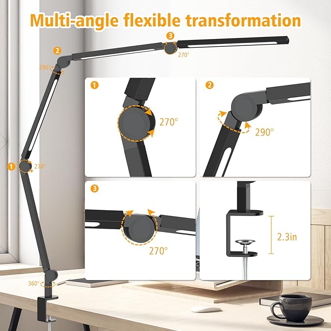 LED Desk Lamp with Clamp,Adjustable Swing Arm Desk Lamps for Home Office,Dimmable Tempering Eye Care Desk Light,Bright Modern Led Table Lamp for Nail Tech Architect,Flexible Tall Task Table Light - LeafyLoom