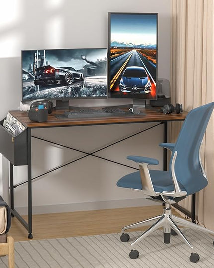 MoNiBloom 47 Inches Computer Desk with Storage Bag, Study Work Writing Table w/Metal Frame for Home Office, Walnut Color - LeafyLoom