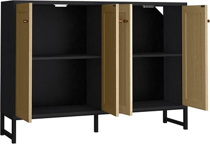 Panana Sideboard Accent Storage Cabinet with Rattan Decorated 4 Doors Dining Room Freestanding Kitchen Buffet Table Cupboard (Black) - LeafyLoom
