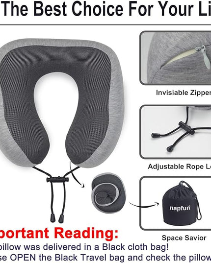 napfun Neck Pillow for Traveling, Travel Neck Pillow for Airplane 100% Pure Memory Foam Travel Pillow for Flight Headrest Sleep, Portable Plane Accessories, Light Grey Set - LeafyLoom