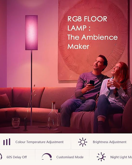 Floor Lamps for Living Room, Modern Floor Lamp with RGB LEDs Bulb,Dimmable Floor Lamp with App Control & Remote Control,Tall Reading Lamp for Bedroom, Living Room, Office,Black Lampshade - LeafyLoom