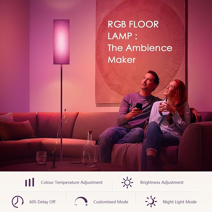 Floor Lamps for Living Room, Modern Floor Lamp with RGB LEDs Bulb,Dimmable Floor Lamp with App Control & Remote Control,Tall Reading Lamp for Bedroom, Living Room, Office,Black Lampshade - LeafyLoom
