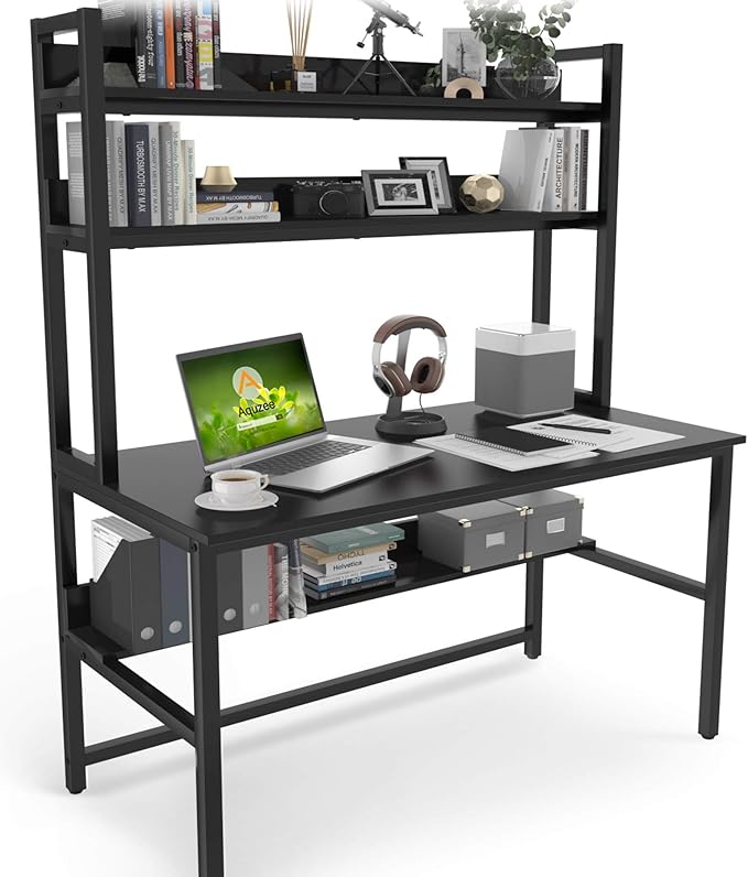 Aquzee Computer Desk with Hutch and Shelves, 47-Inch Wide Office Desk with 3-Tier Storage Shelves for Space-Saving, Modern Standing Desk for Study and Writing Work, Easy to Assemble, Black - LeafyLoom