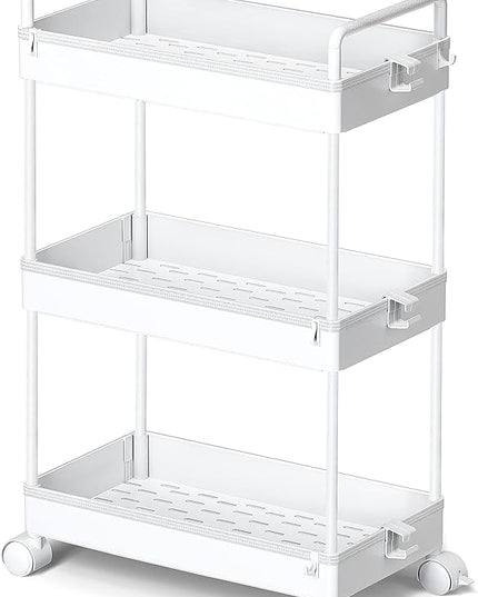 Ronlap 3 Tier Classic Storage Rolling Cart Slim Storage Cart with Wheels Slide Out Storage Rolling Cart Organizer Plastic for Bathroom Laundry, White - LeafyLoom