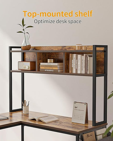 BANTI L Shaped Desk with Hutch, 58 inch Corner Computer Desk with Drawer,Home Office Gaming Table Workstation with Storage Bookshelf, Rustic Brown - LeafyLoom