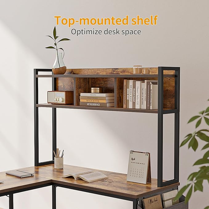 BANTI L Shaped Desk with Hutch, 58 inch Corner Computer Desk with Drawer,Home Office Gaming Table Workstation with Storage Bookshelf, Rustic Brown - LeafyLoom