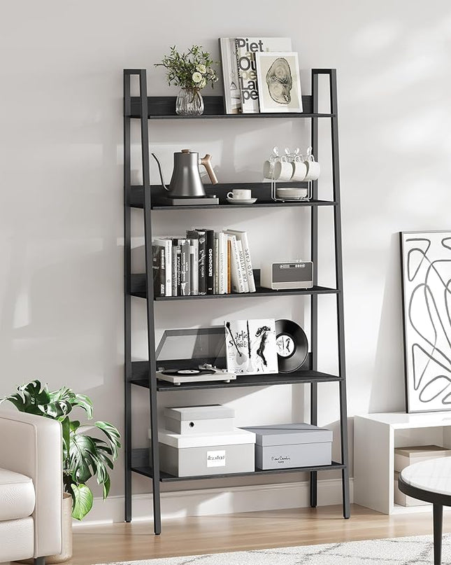 VASAGLE Bookshelf, 5-Tier Bookcase, Ladder Shelf for Home Office, Living Room, Bedroom, Kitchen, Ebony Black and Ink Black ULLS129B56 - LeafyLoom