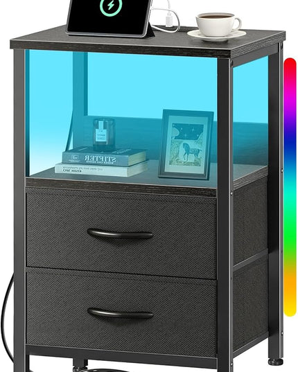 Nightstand with Charging Station, Bedside Table with Fabric Drawers, End Table with Open Shelf, Side Table with USB Ports & Outlets, Night Stand for Bedroom, Black - LeafyLoom