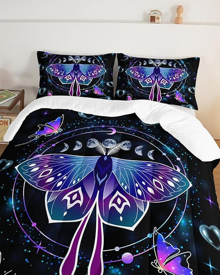 HOSIMA Butterfly Comforter Set with 2 Pillowcases,Moon Starry Sky Galaxy Comforter Butterfly Room Decor Aesthetics,Blue Heart -Shaped Bubble King Size Comforter Set for Adults Kids Black Comforter. - LeafyLoom