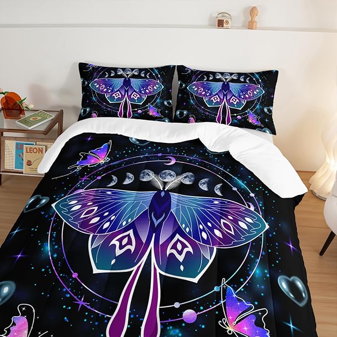 HOSIMA Butterfly Comforter Set with 2 Pillowcases,Moon Starry Sky Galaxy Comforter Butterfly Room Decor Aesthetics,Blue Heart -Shaped Bubble King Size Comforter Set for Adults Kids Black Comforter. - LeafyLoom