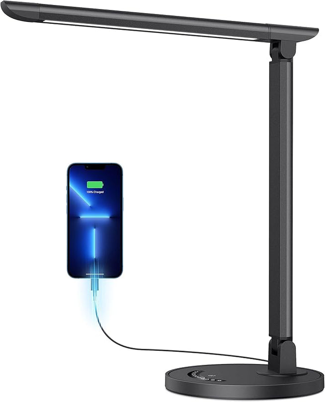 LED Desk Lamp, Eye-Caring Table Lamp with USB Charging Port, 35 Lighting Modes, Touch/Memory Function, Dimmable Reading Lamp Task Lamp Desk Lamps for Home Office (Black) - LeafyLoom
