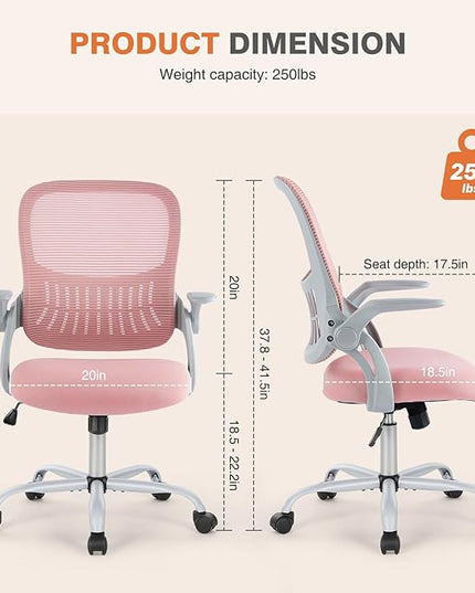 Sweetcrispy Office Computer Desk Chair, Ergonomic Mid-Back Mesh Rolling Work Swivel Task Chairs with Wheels, Comfortable Lumbar Support, Comfy Flip-up Arms for Home, Bedroom, Study, Student, Pink - LeafyLoom