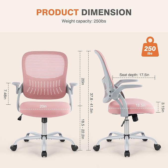 Sweetcrispy Office Computer Desk Chair, Ergonomic Mid-Back Mesh Rolling Work Swivel Task Chairs with Wheels, Comfortable Lumbar Support, Comfy Flip-up Arms for Home, Bedroom, Study, Student, Pink - LeafyLoom