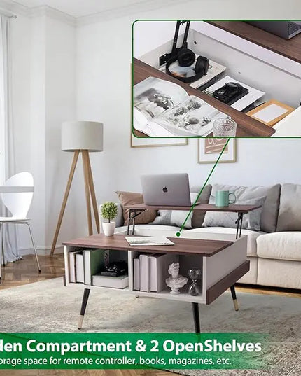 TOPSKY Lift Top Coffee Table, Square Coffee Table with Storage Shelves (Light Walnut) - LeafyLoom