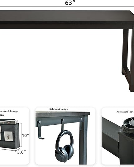 63 Inch Large Computer Desk Writing Study Work Office Table Home Office Desk Moderm Gaming Desk Simple Workstation with Storage Bag and Iron Hook - Black - LeafyLoom