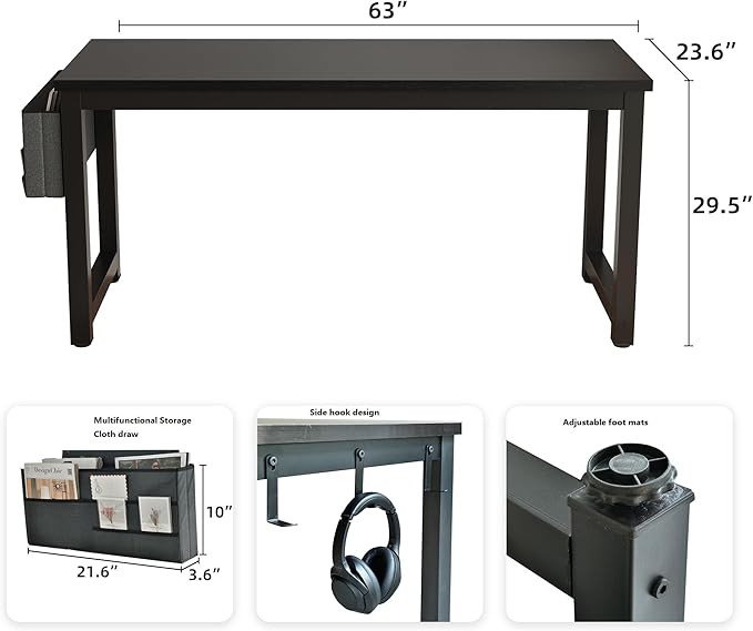 63 Inch Large Computer Desk Writing Study Work Office Table Home Office Desk Moderm Gaming Desk Simple Workstation with Storage Bag and Iron Hook - Black - LeafyLoom