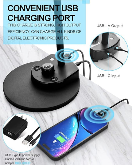 BOHON LED Desk Lamp with USB Charging Port 3 Color Modes Dimmable Reading Light Intelligent Induction Auto Dimming Task Lamp Flexible Gooseneck Table Lamp for Bedside Office, AC Adapter Include - LeafyLoom