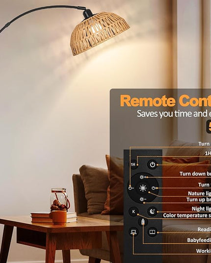 Rattan Floor Lamp- Modern Black Standing Floor Lamps with Remote Control and Stepless Dimmable Bulb, Hand-Worked Adjustable Rattan Lamp Shades Bohemian Floor Lamps for Living Room, Bedroom, Office - LeafyLoom